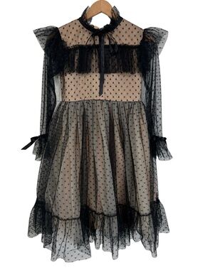 Trish Scully Black Nude Polka Dot Tulle Dress Girls Size 14 Gothic Formal Party